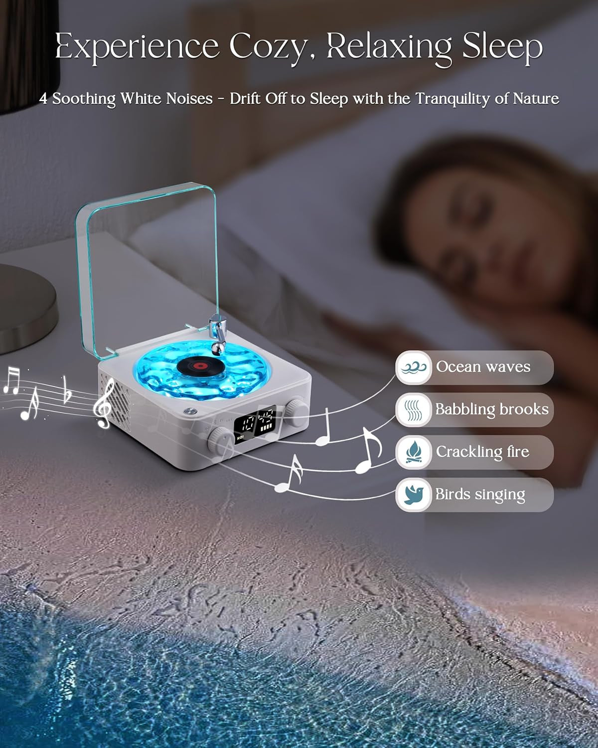 Waves Vinyl Bluetooth Speaker, Vinyl Record Player Style Speaker with Ocean Sound White Noise, Retro Bluetooth Speaker with Ambient Light and Timer, Mini Record Player Cute Speaker, White